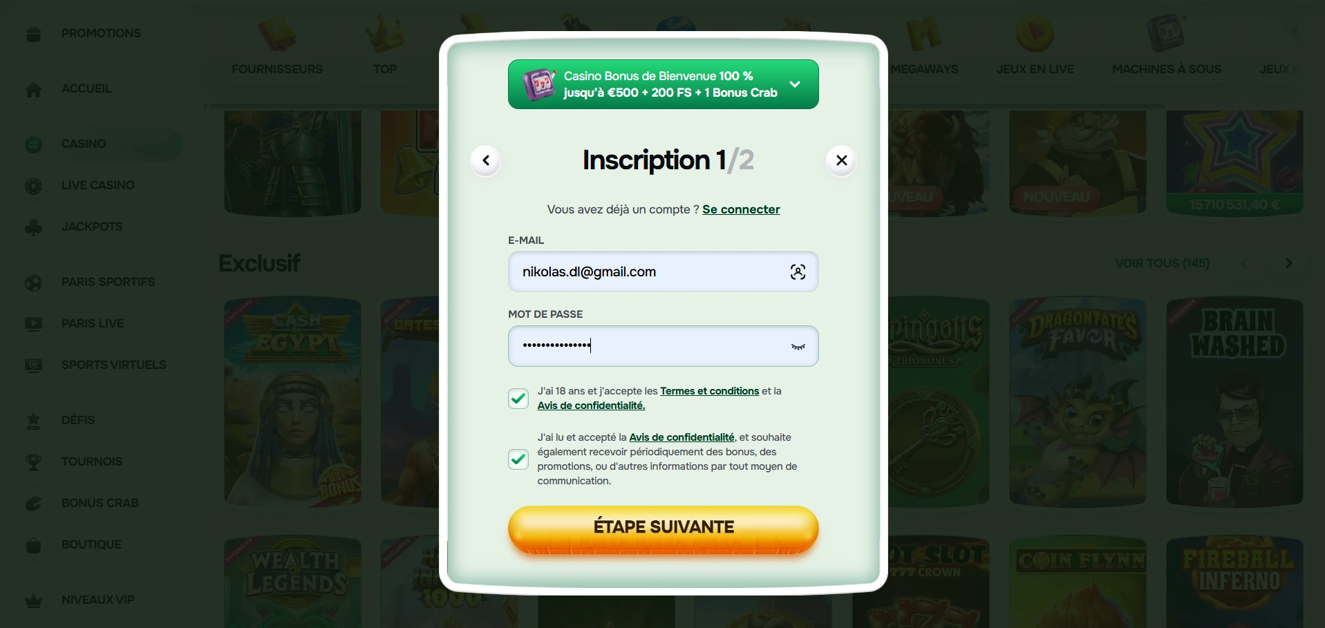 étapes d'inscription au casino Casinolo
